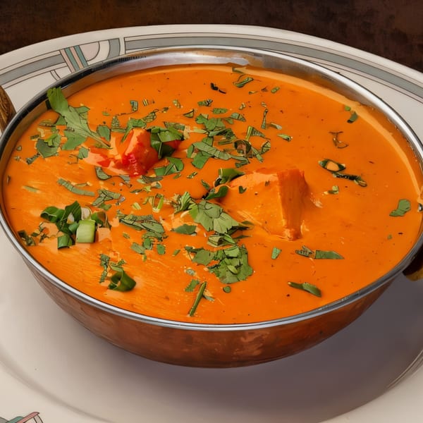 Close-up of a vibrant orange Indian curry, garnished with fresh green herbs, in a metal bowl.