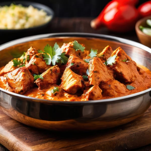 Close-up of India House On Wheels' chicken tikka masala in a metal bowl, garnished with cilantro.