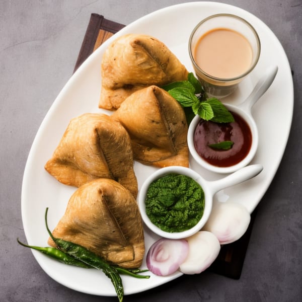 Golden-brown samosas with green and red chutneys, sliced onions, green chilies, and chai.
