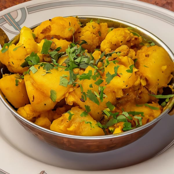 Aloo Gobi, an Indian dish with yellow potatoes and cauliflower, garnished with fresh cilantro in a copper bowl.