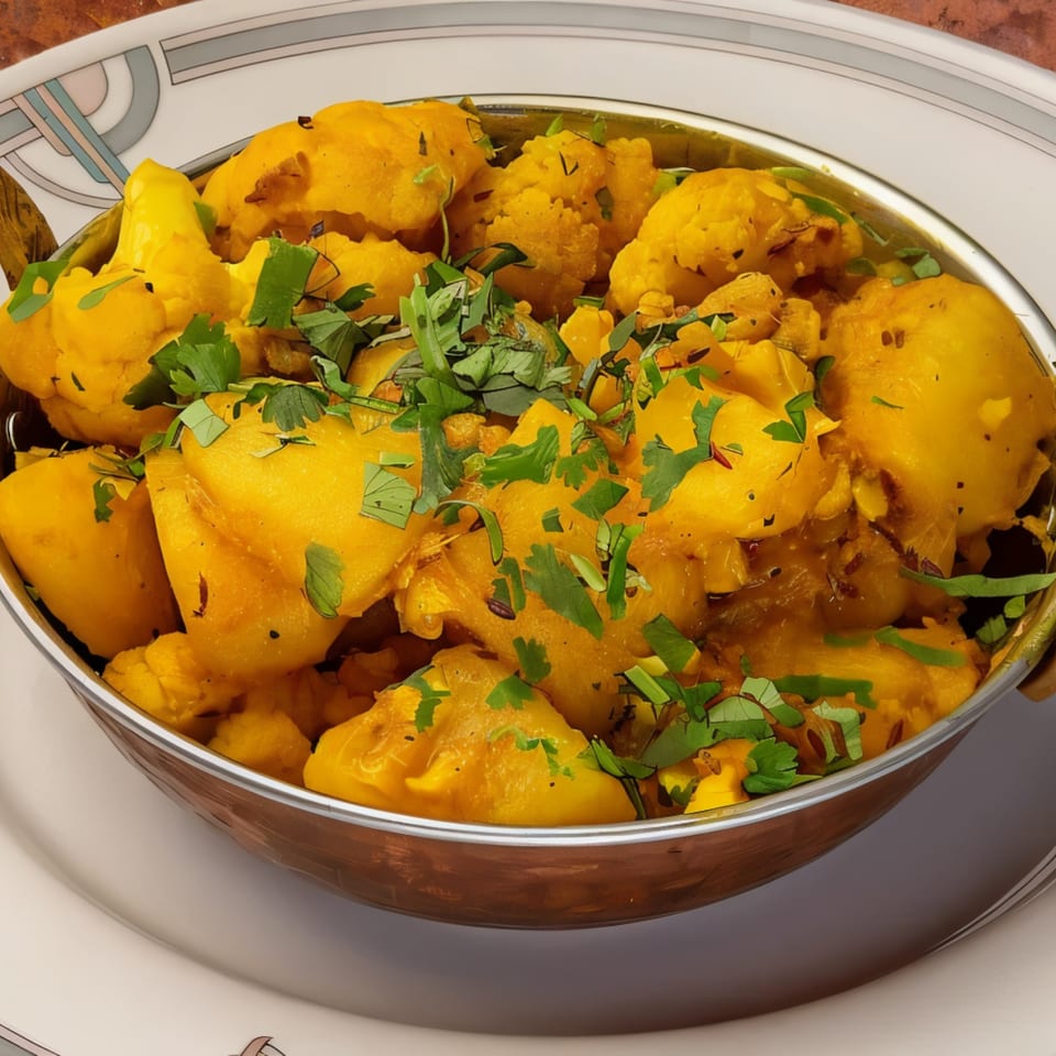 Aloo Gobi, an Indian dish with yellow potatoes and cauliflower, garnished with fresh cilantro in a copper bowl.