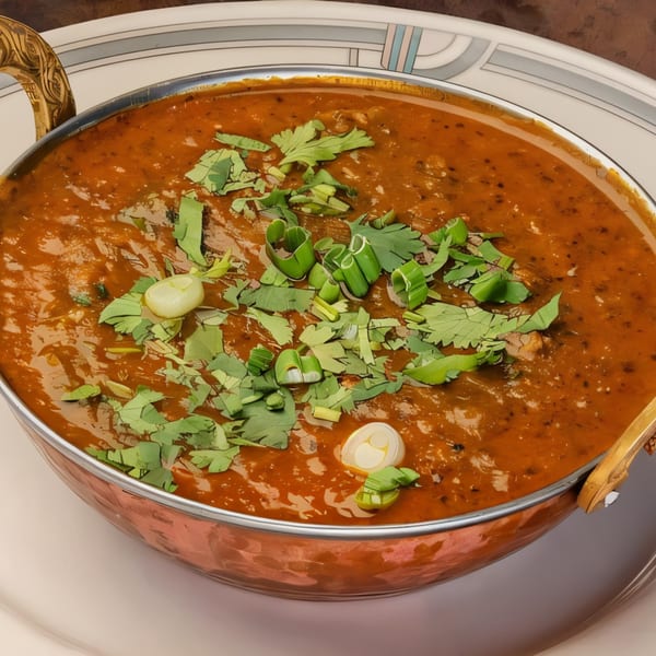 A copper bowl of Indian dal makhani, garnished with fresh cilantro and green onions.